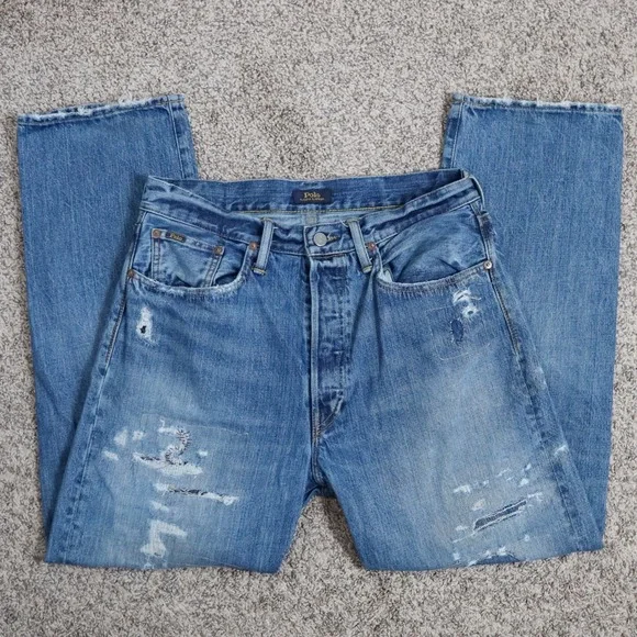 Polo Ralph Lauren Vintage Classic Fit Jeans Men 30x30 Blue Distressed Button Fly - Picture 2 of 13